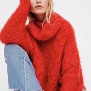 Fuzzy Red Turtleneck Sweater - Free People Isle of Skye